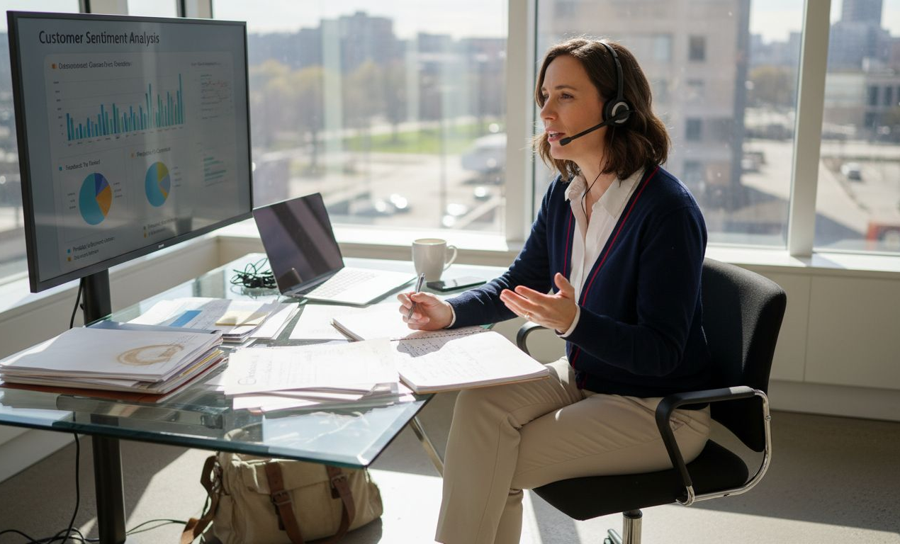 Woman reviewing customer feedback at office desk