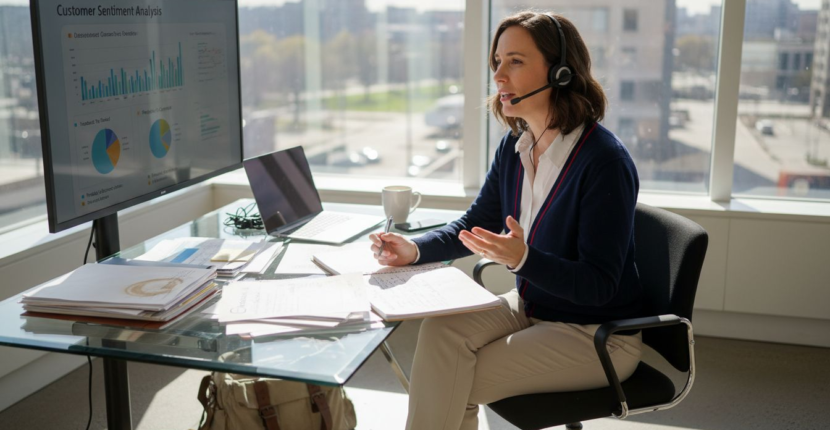 Woman reviewing customer feedback at office desk