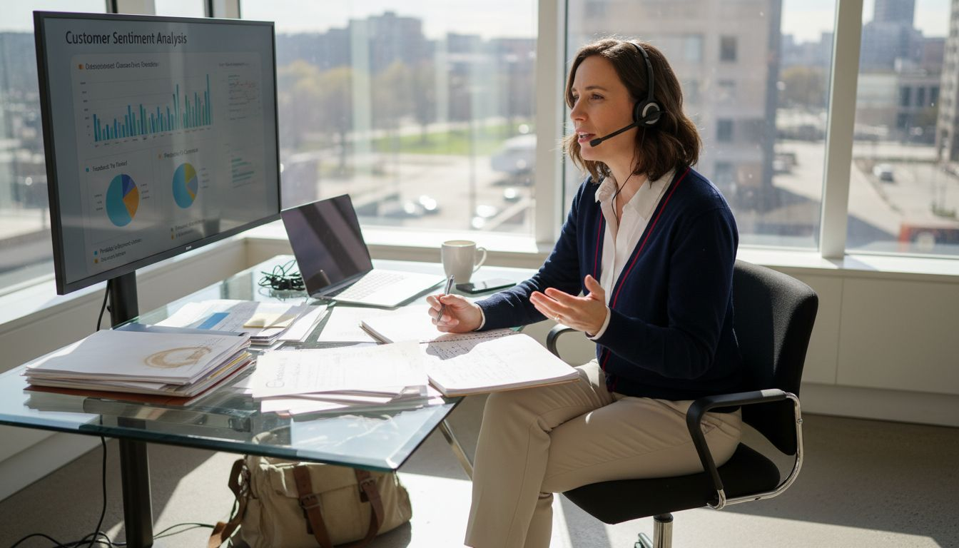 Woman reviewing customer feedback at office desk