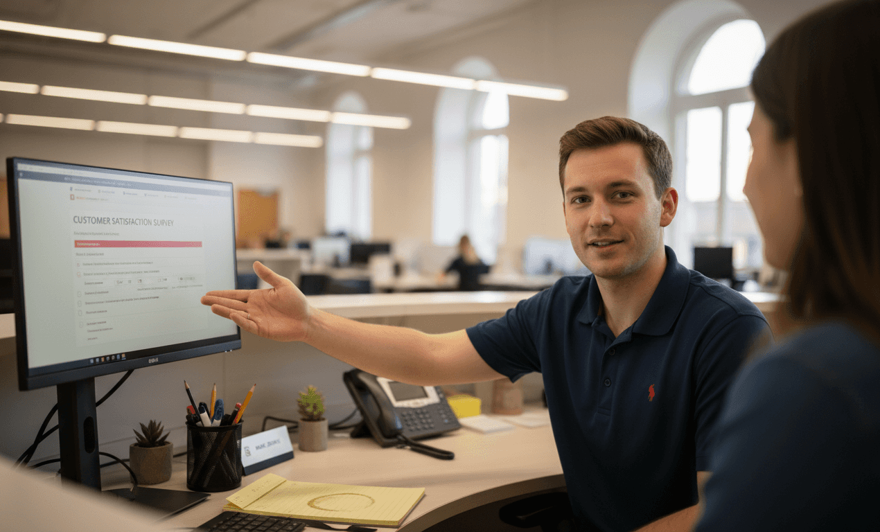 Customer rep talks with client in office