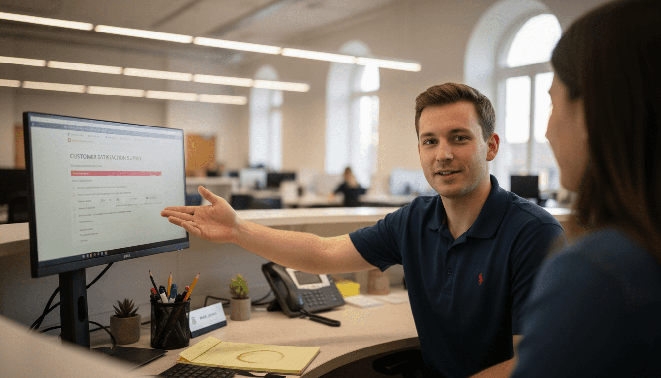 Customer rep talks with client in office