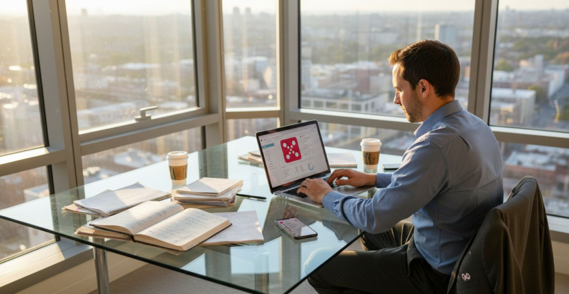 Tech leader reviews customer analytics in city office