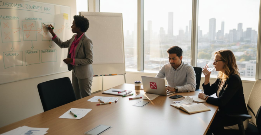 Team mapping customer journey in corner office