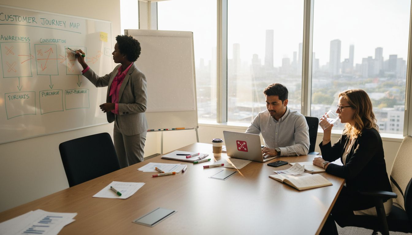 Team mapping customer journey in corner office