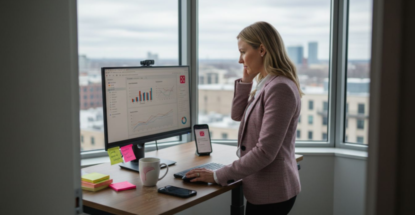 CX manager studies analytics at busy office desk