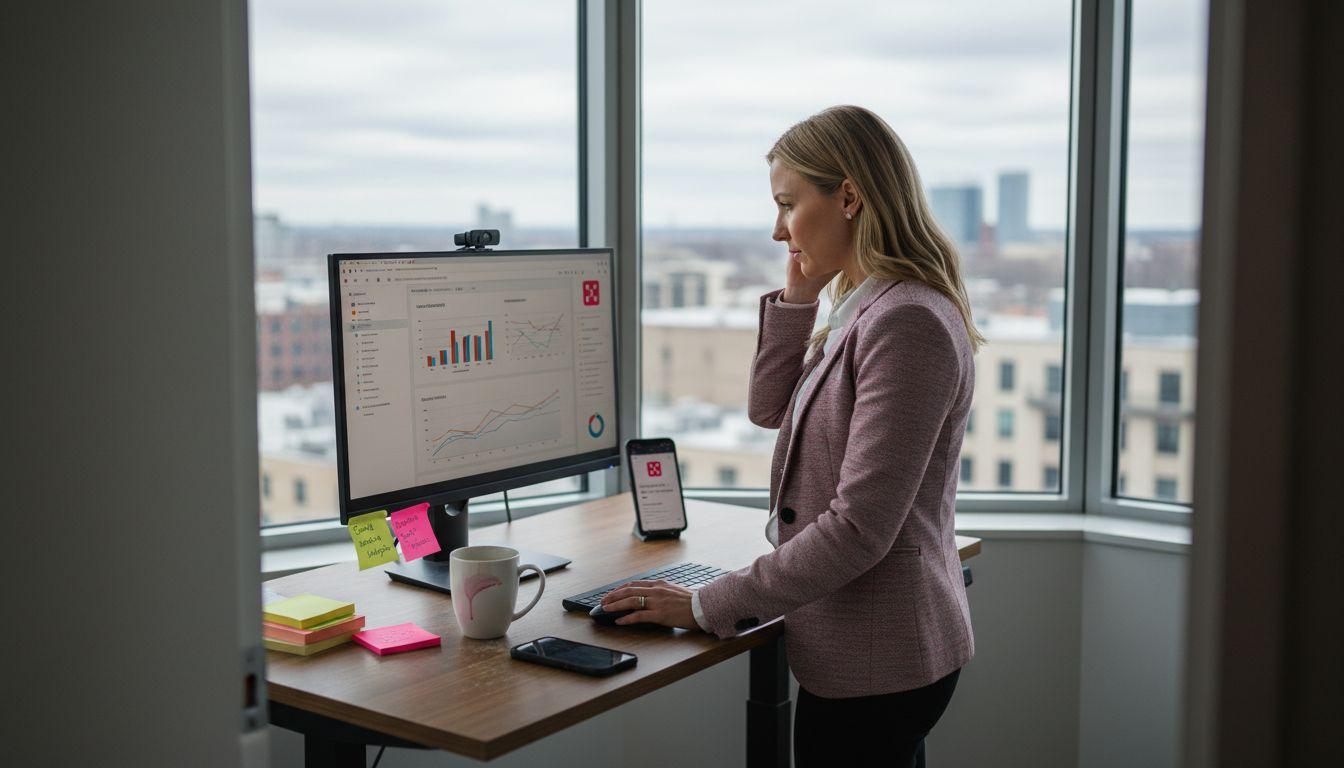 CX manager studies analytics at busy office desk
