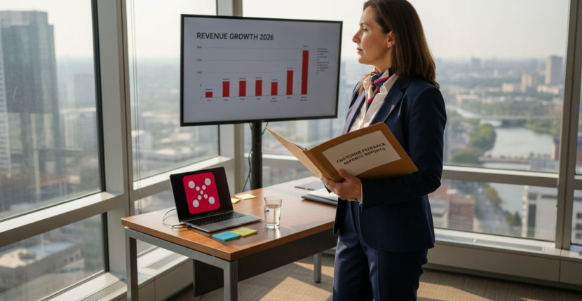 Executive in corner office visualizing growth