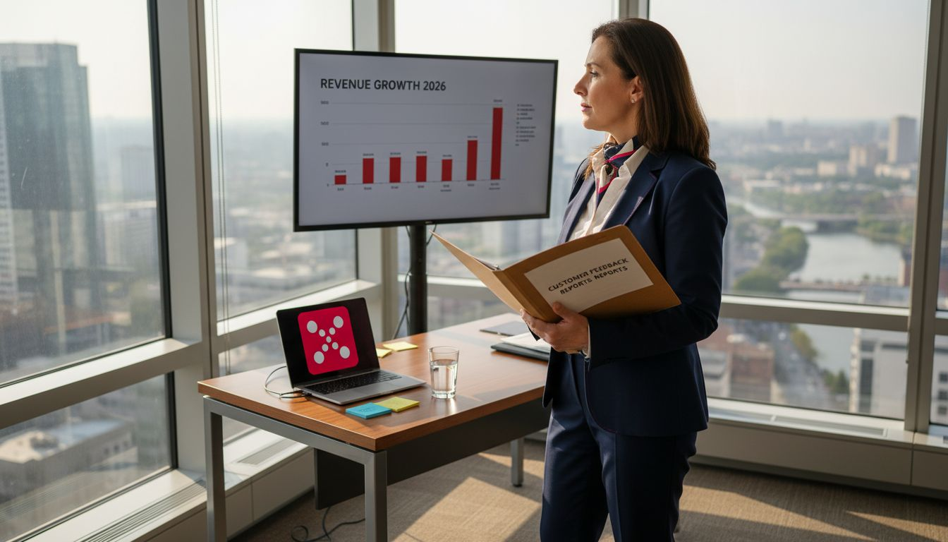 Executive in corner office visualizing growth