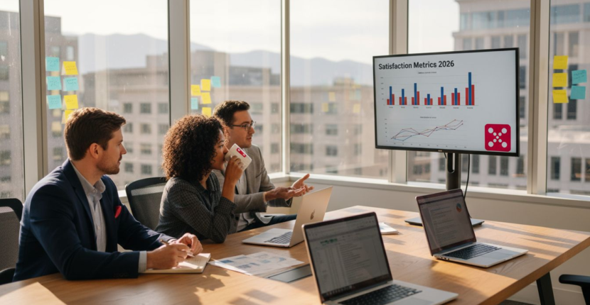 Office team reviewing CX transformation data