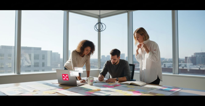 CX designers collaborating with journey maps in office