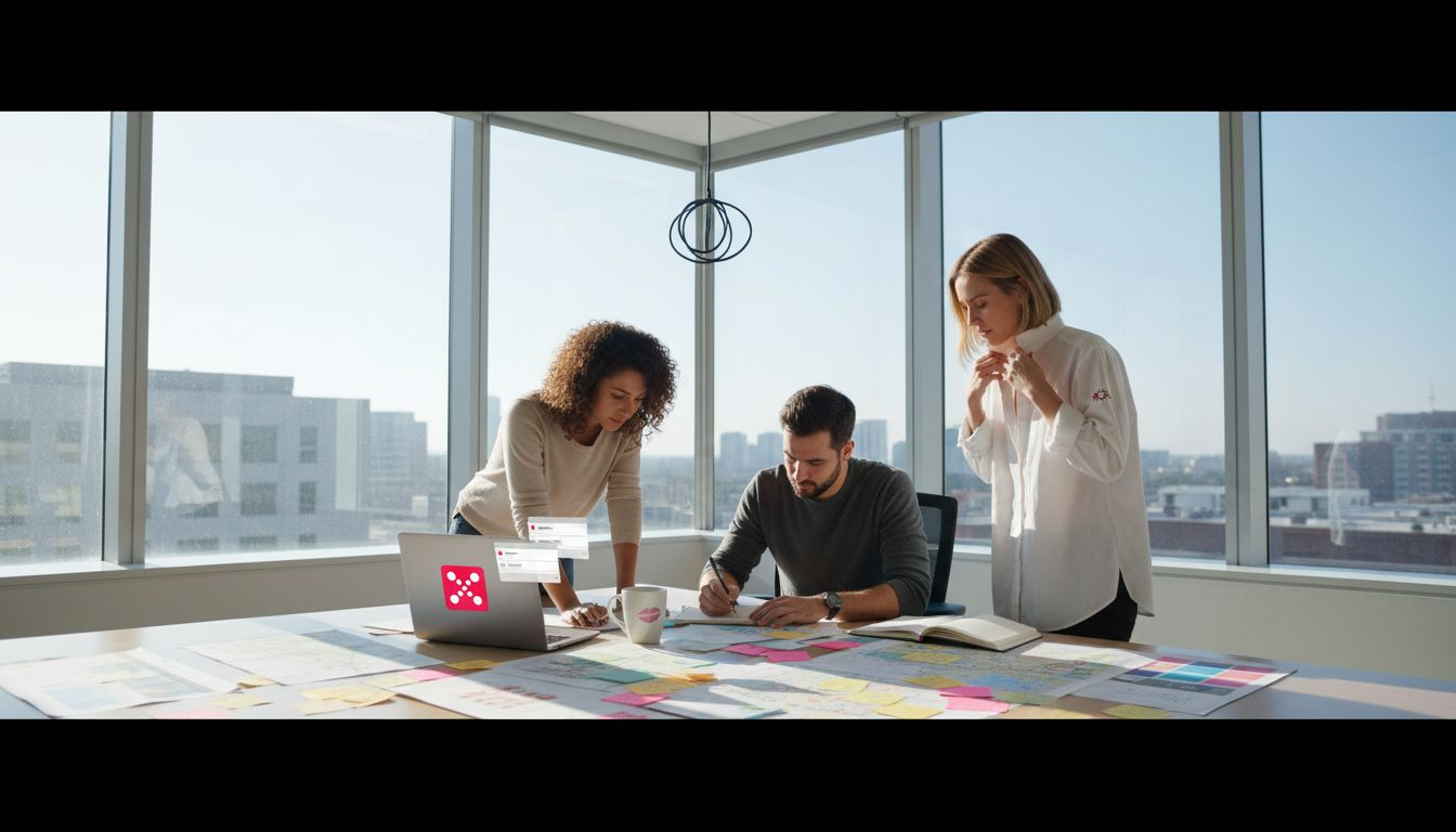 CX designers collaborating with journey maps in office