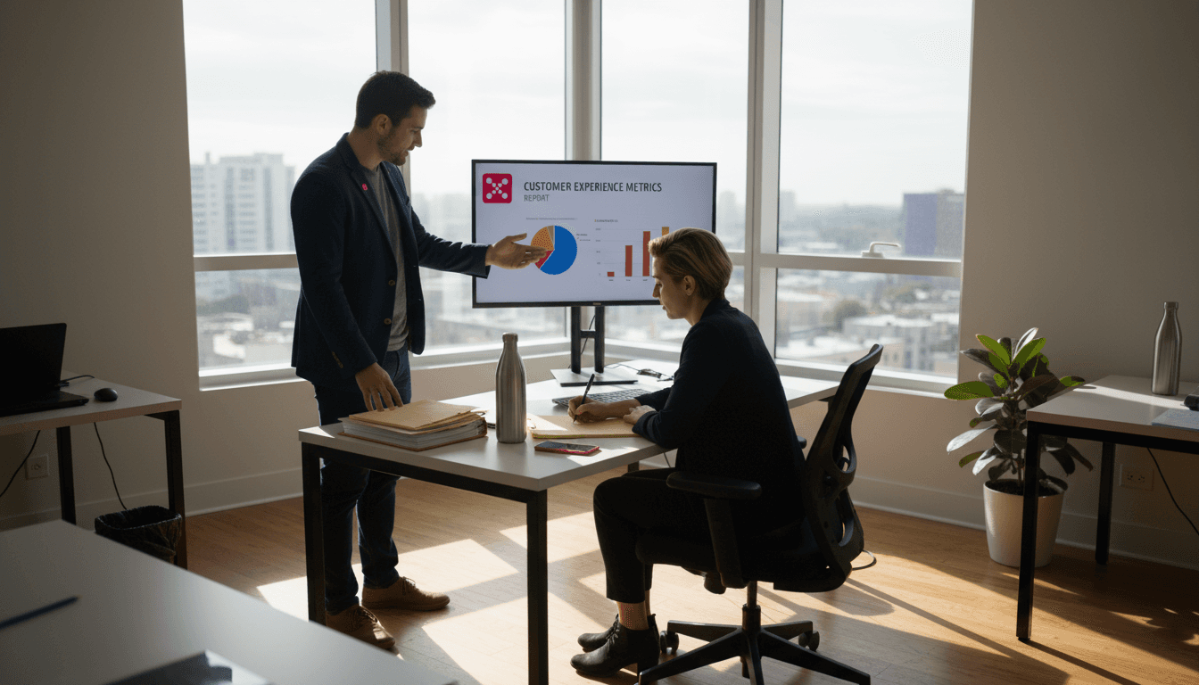 Team leader discussing customer feedback metrics