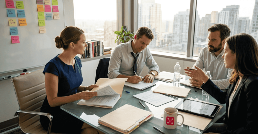 Team reviewing customer feedback in conference room
