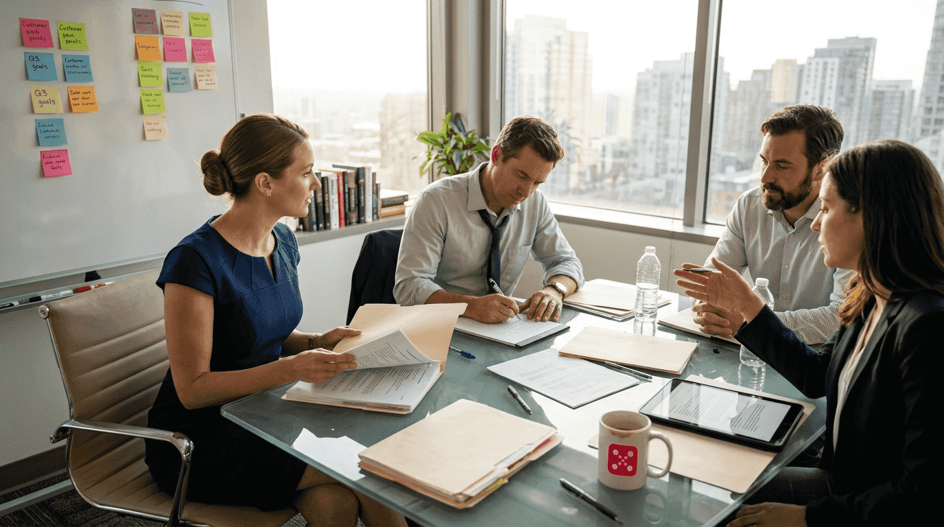 Team reviewing customer feedback in conference room