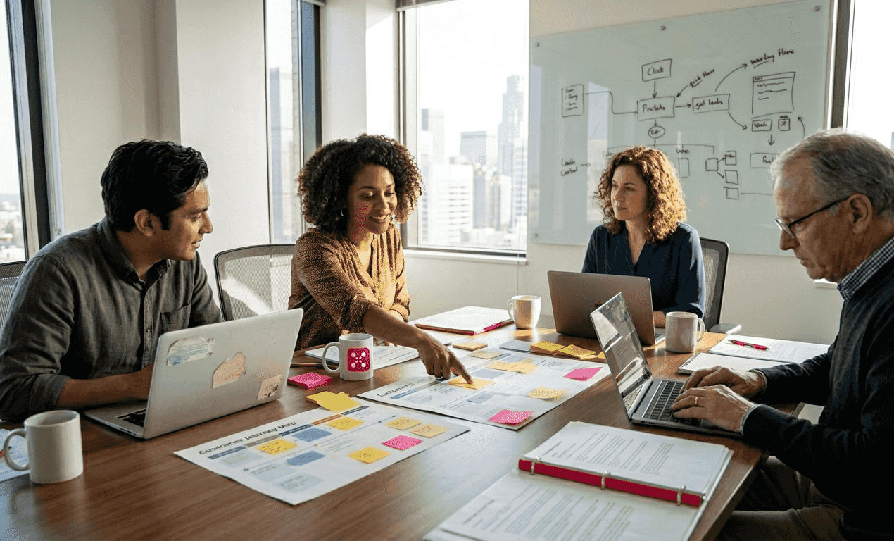 Team planning customer experience strategy in office