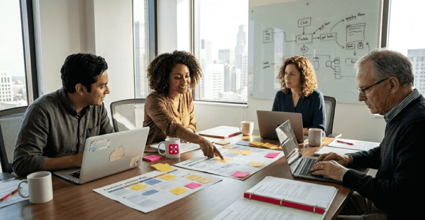 Team planning customer experience strategy in office