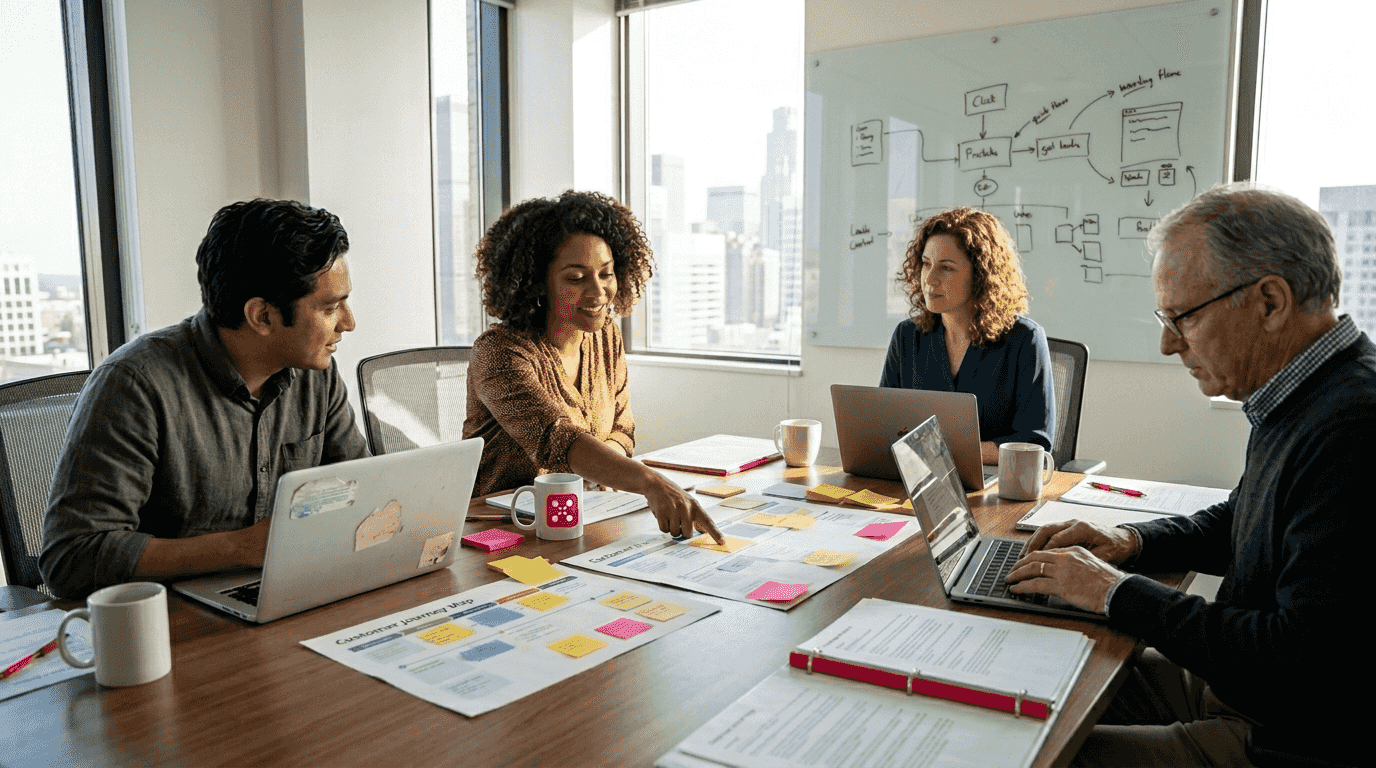 Team planning customer experience strategy in office