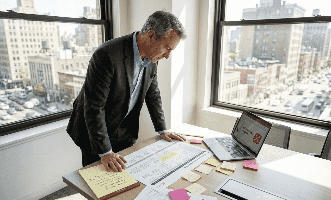 CX leader reviews blueprint at office table