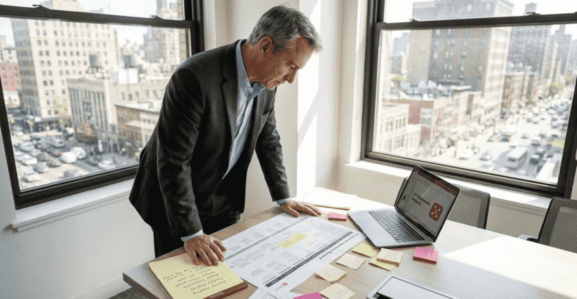 CX leader reviews blueprint at office table