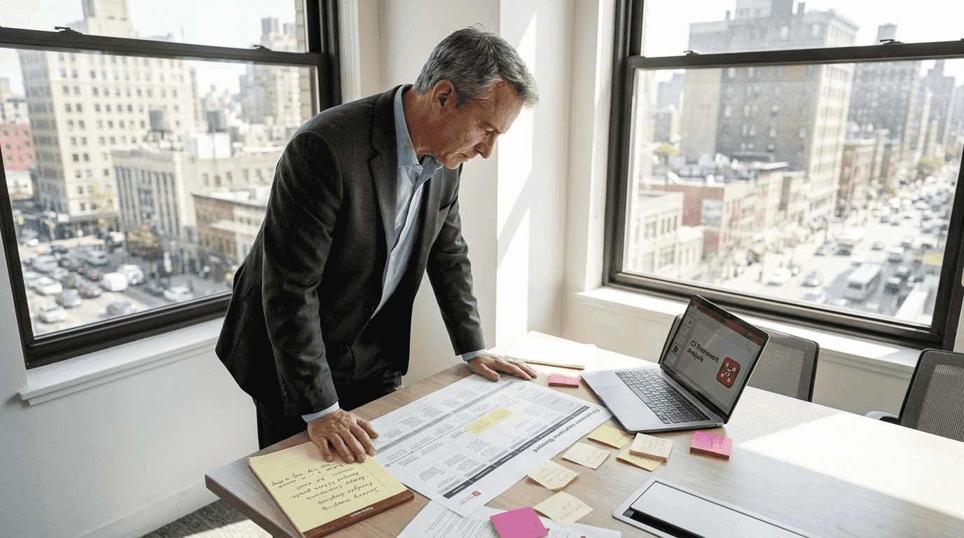 CX leader reviews blueprint at office table