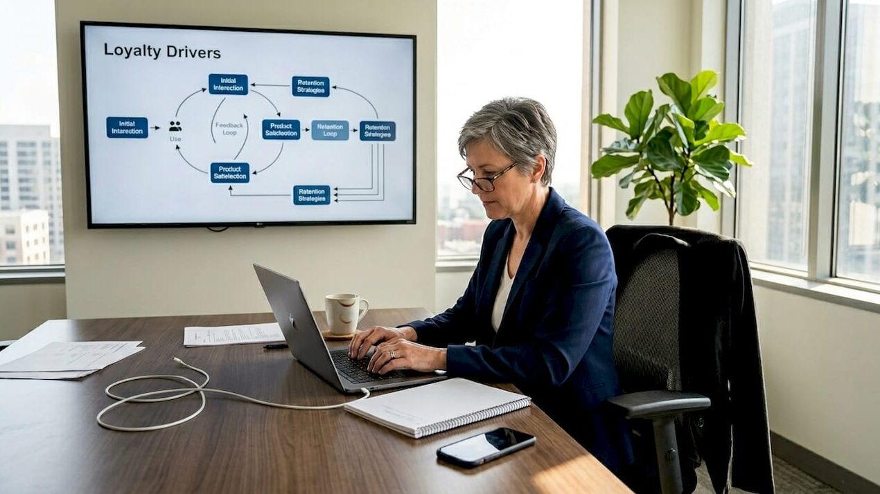 CX leader working on loyalty strategy in office