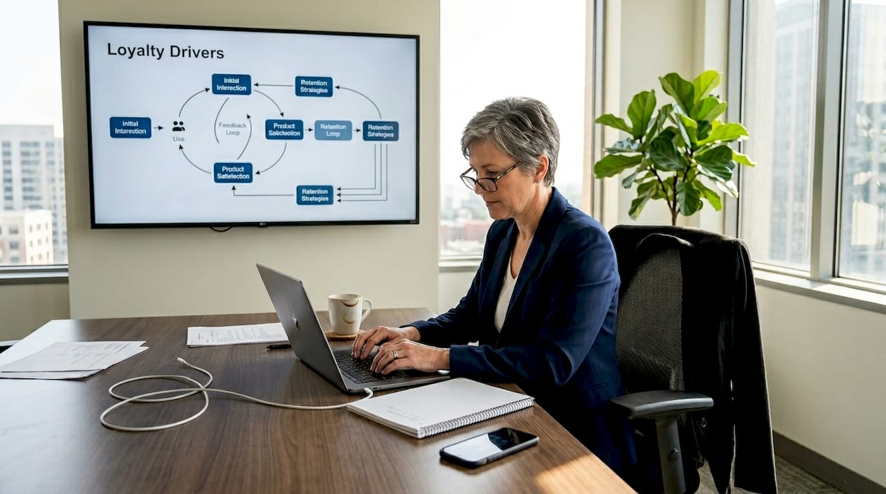 CX leader working on loyalty strategy in office
